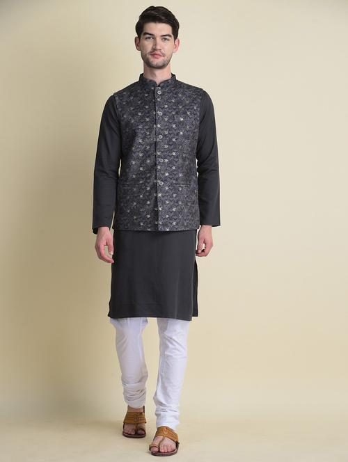 grey cotton kurta pyjama with jacket ethnic wear set - 18876113 - Very Small Image - 1