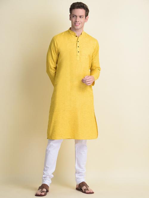 yellowwhite linen kurta pyjama ethnic wear set - 18876132 - Very Small Image - 1