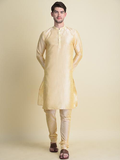 gold pure silk kurta pyjama with jacket ethnic wear set - 18876134 - Very Small Image - 1