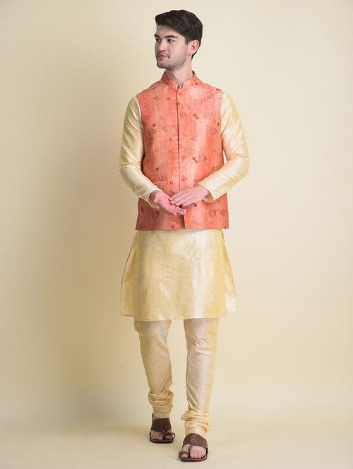 gold pure silk kurta pyjama with jacket ethnic wear set - 18876149 - Very Small Image - 1