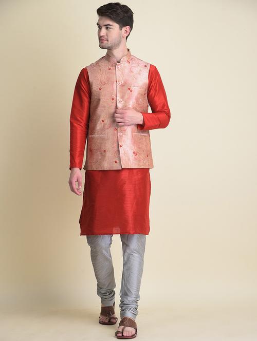 red pure silk kurta pyjama with jacket ethnic wear set - 18876153 - Very Small Image - 1