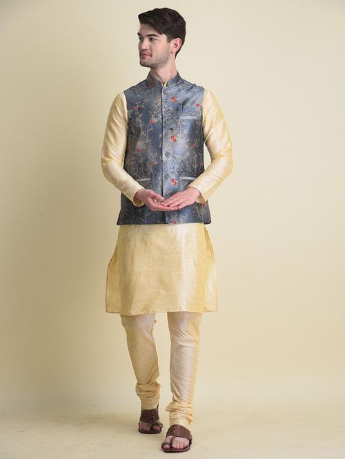 gold pure silk kurta pyjama with jacket ethnic wear set - 18876159 - Very Small Image - 1