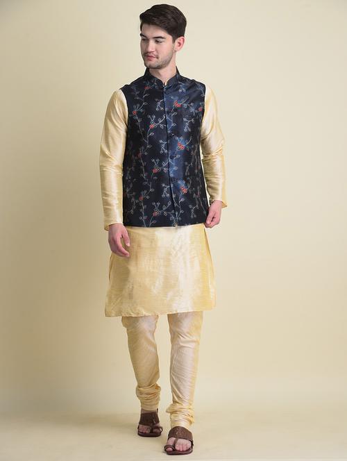 gold pure silk kurta pyjama with jacket ethnic wear set - 18876167 - Very Small Image - 1