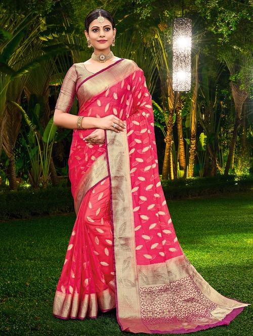 pink silk blend kanjivaram saree with blouse - 18876406 - Very Small Image - 1