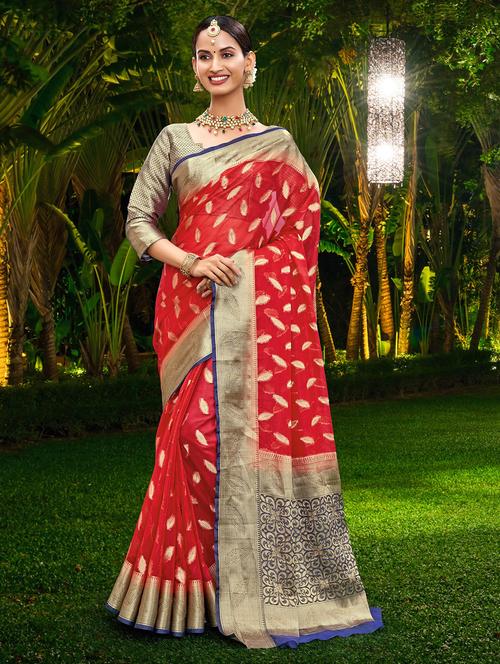 red silk blend kanjivaram saree with blouse - 18876407 - Very Small Image - 1