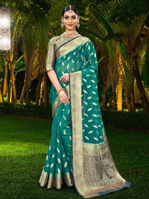 turquoise silk blend kanjivaram saree with blouse - 18876408 - Very Small Image - 1