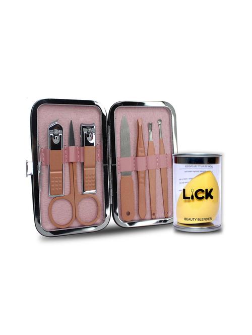 lick combo set of 7 in 1 rose gold manicure pedicure kit & 1 yellow beauty blender - 18876680 - Very Small Image - 1
