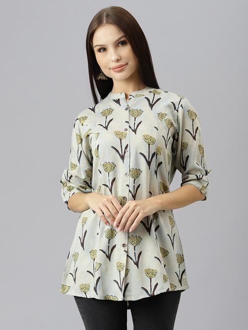 grey printed mandarin neck tunic - 18878038 - Very Small Image - 1