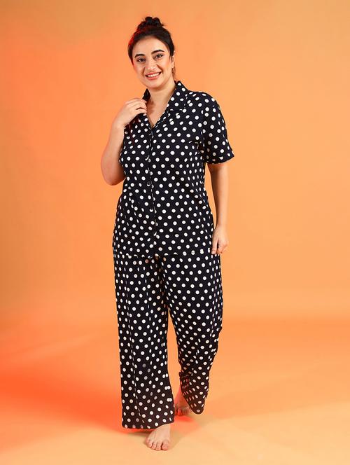 navy blue polka dots crepe nightwear set - 18878645 - Very Small Image - 1