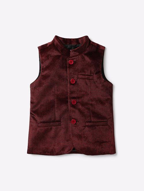 red printed velvet nehru jacket - 18878709 - Very Small Image - 1