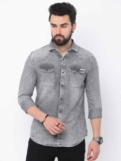 grey denim casual shirt - 18879306 - Very Small Image - 1