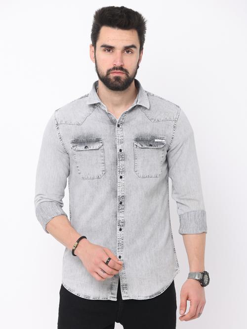 grey denim casual shirt - 18879307 - Very Small Image - 1