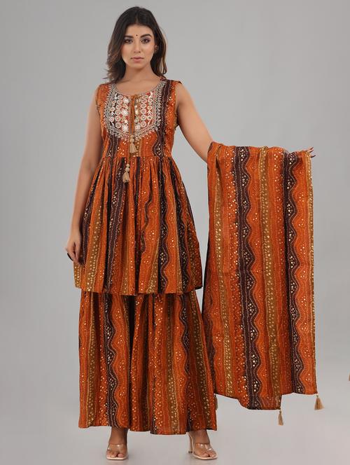 yoke embroidered bandhani kurta sharara suit set - 18881048 - Very Small Image - 1