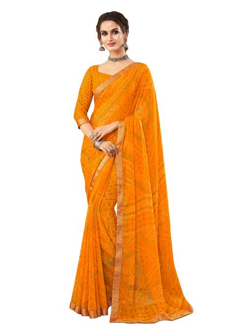 orange coloured printed saree with blouse - 18886555 - Very Small Image - 1