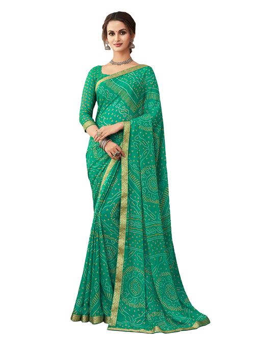 green coloured printed saree with blouse - 18886556 - Very Small Image - 1