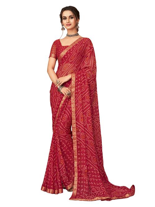 red bandhani printed saree with blouse - 18886565 - Very Small Image - 1