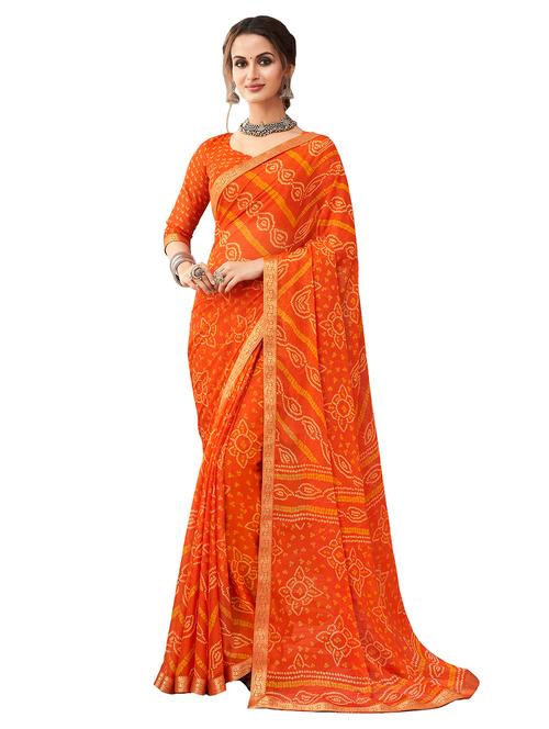 orange coloured printed saree with blouse - 18886567 - Very Small Image - 1