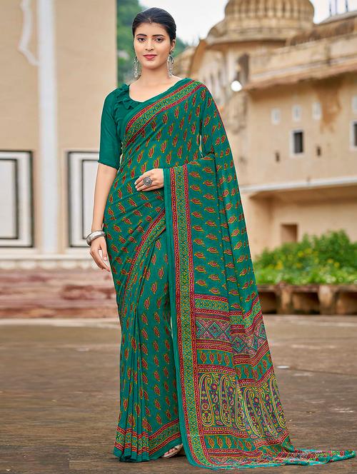 green coloured printed saree with blouse - 18886627 - Very Small Image - 1
