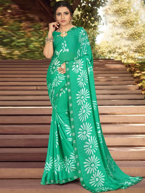 sea green coloured printed saree with blouse - 18886651 - Very Small Image - 1