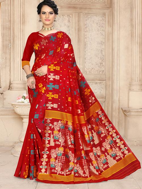 red cotton blend jamdani saree with blouse - 18886702 - Very Small Image - 1