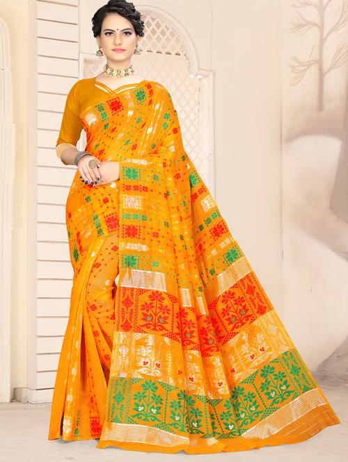 yellow cotton blend jamdani saree with blouse - 18886703 - Very Small Image - 1