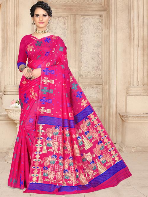 pink cotton blend jamdani saree with blouse - 18886706 - Very Small Image - 1
