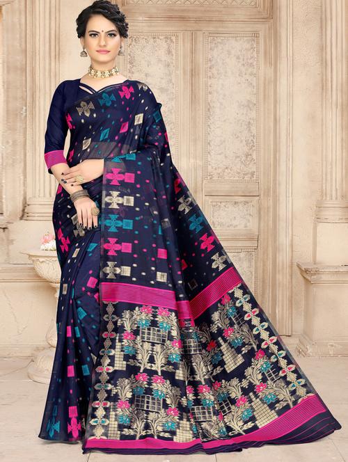 dark blue cotton blend jamdani saree with blouse - 18886708 - Very Small Image - 1
