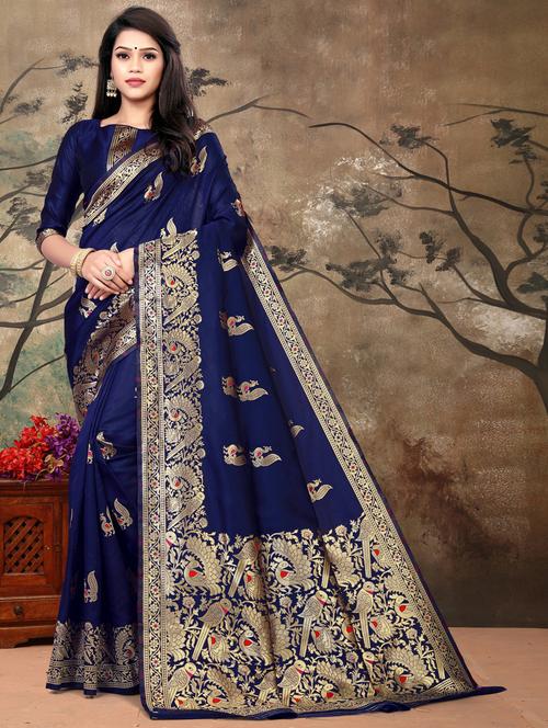 dark blue silk blend banarasi saree with blouse - 18886711 - Very Small Image - 1