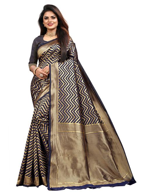 dark blue silk blend banarasi saree with blouse - 18886731 - Very Small Image - 1