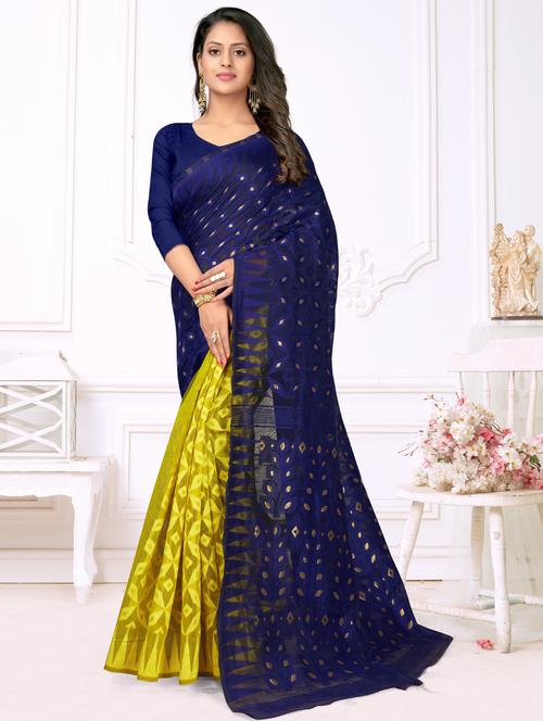 dark blue cotton jamdani saree with blouse - 18886733 - Very Small Image - 1
