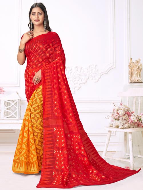 red cotton jamdani saree - 18886736 - Very Small Image - 1