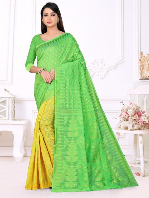 light green cotton jamdani saree with blouse - 18886737 - Very Small Image - 1