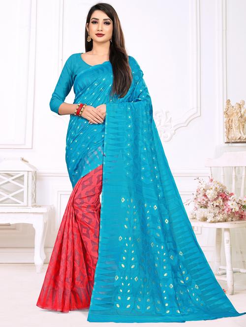 light blue cotton jamdani saree with blouse - 18886738 - Very Small Image - 1