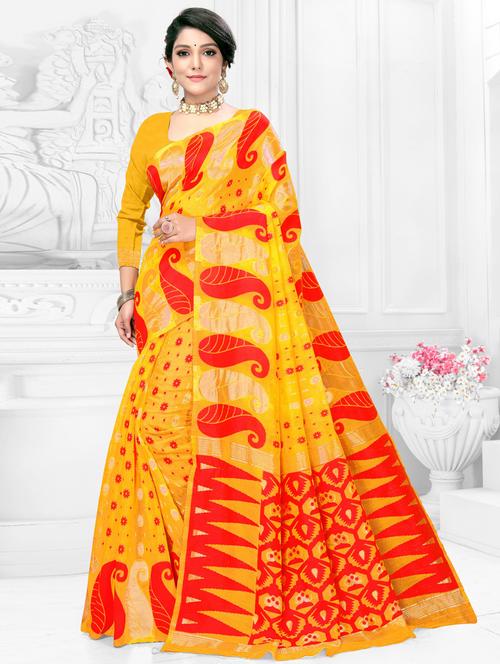 yellow coloured jamdani saree - 18886752 - Very Small Image - 1