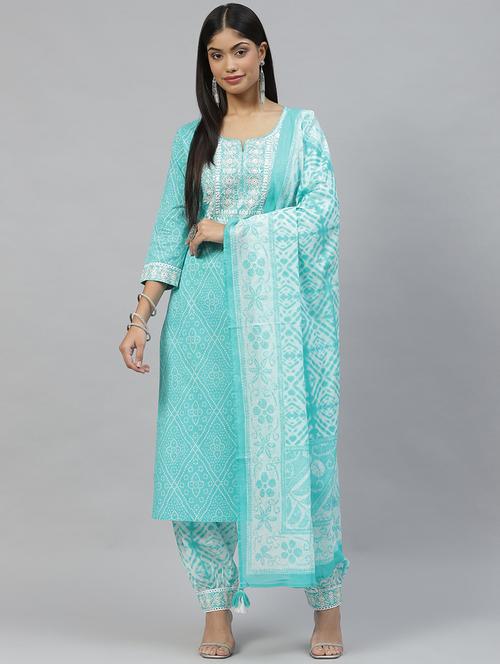 turquoise blue coloured embroidered kurta pant set - 18886814 - Very Small Image - 1