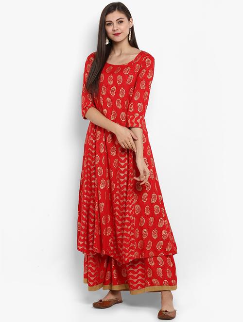 red cotton kurta palazzo set - 18886911 - Very Small Image - 1