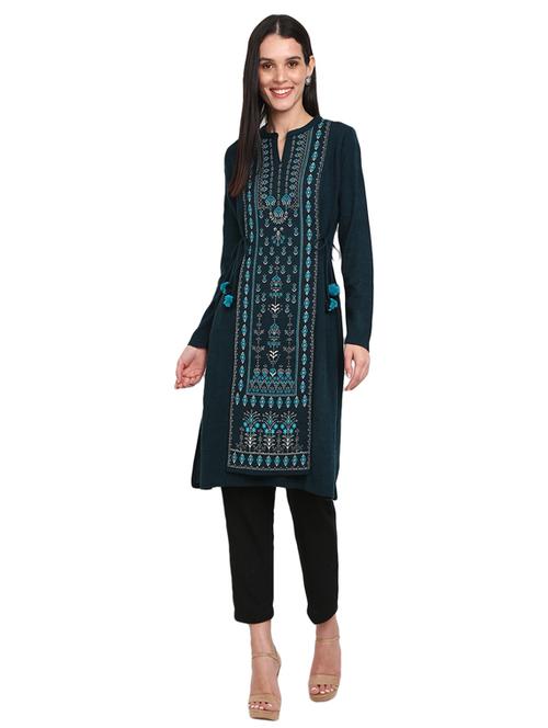 teal self design straight kurti - 18902719 - Very Small Image - 1