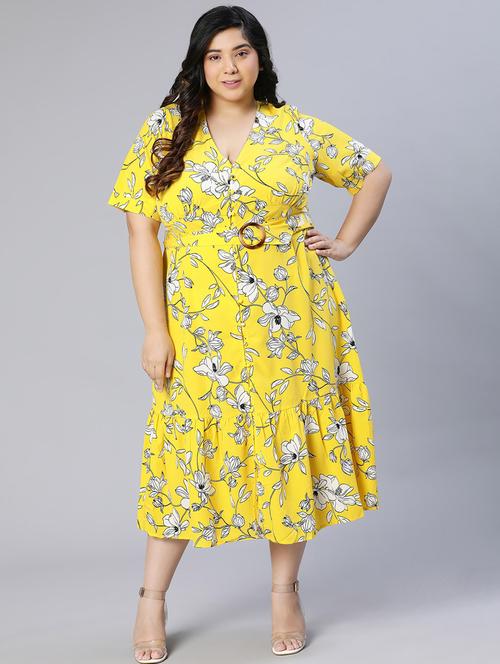 yellow printed v-neck wrap dress - 18913126 - Very Small Image - 1