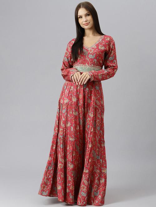 red satin fit & flare ethnic dress - 18913369 - Very Small Image - 1