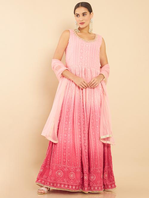 pink georgette flared ethnic dress - 18929805 - Very Small Image - 1