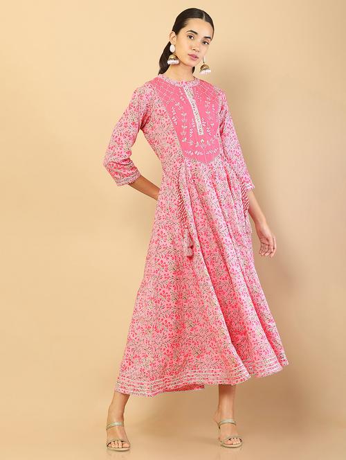 pink floral print flared ethnic dress - 18929829 - Very Small Image - 1