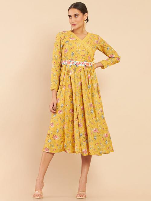 yellow angrakha style printed ethnic dress - 18929831 - Very Small Image - 1