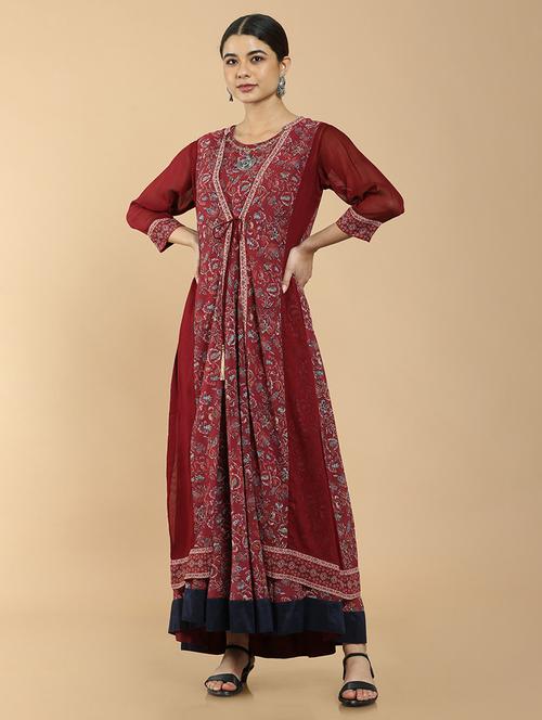 red printed layered ethnic dress - 18929840 - Very Small Image - 1