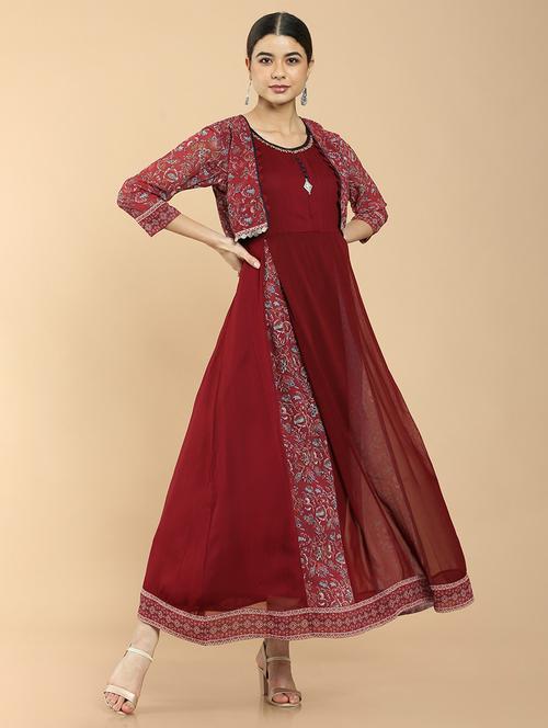 red printed layered ethnic dress with jacket - 18929841 - Very Small Image - 1