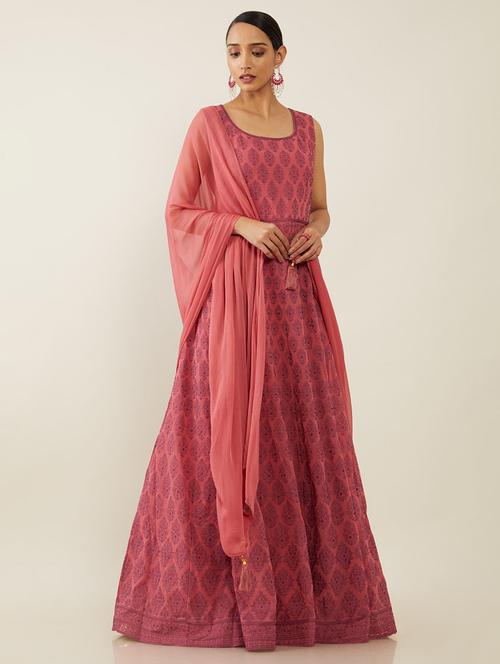 pink georgette flared ethnic dress - 18929861 - Very Small Image - 1