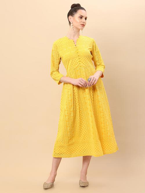 yellow georgette flared ethnic dress - 18930966 - Very Small Image - 1