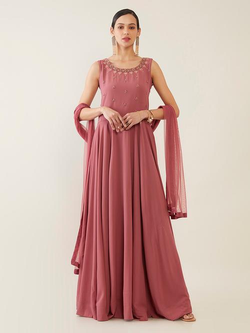 pink georgette flared ethnic dress - 18930981 - Very Small Image - 1