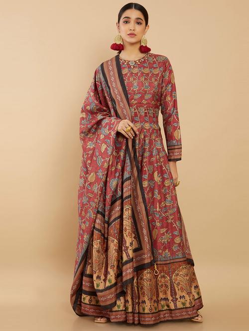 maroon printed flared ethnic dress - 18931002 - Very Small Image - 1