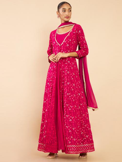pink embroidered flared long kurta & dupatta set - 18931013 - Very Small Image - 1