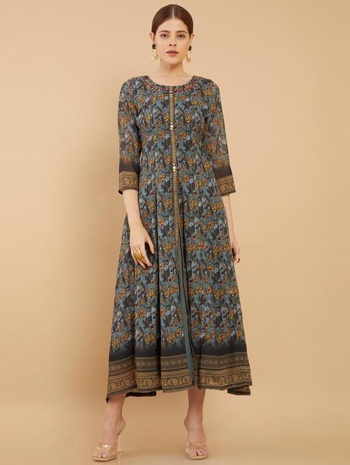 grey printed flared ethnic dress - 18931019 - Very Small Image - 1